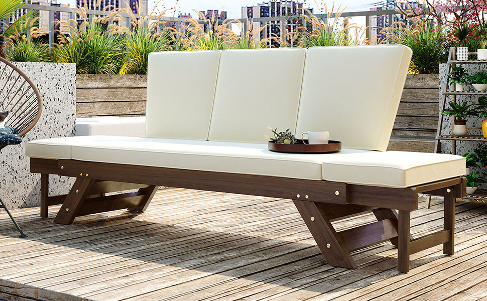 Outdoor Adjustable Patio Wooden Daybed Sofa Chaise Lounge