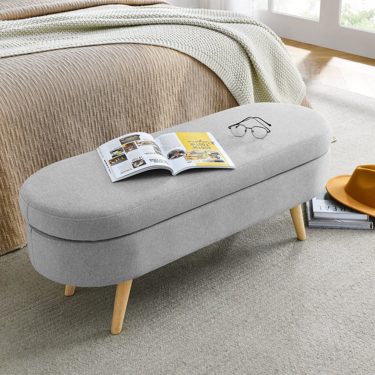 Ottoman Oval Storage Bench, Rubber Wood Legs, Grey(43.5"x16"x16")