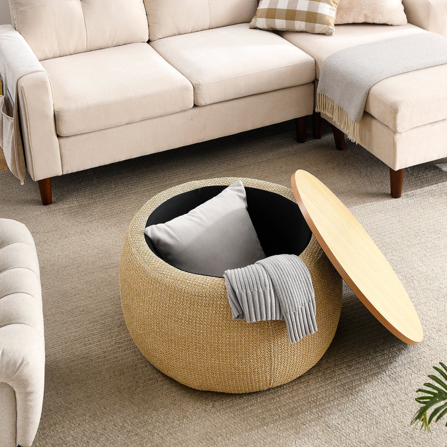 Round Storage Ottoman, 2 in 1 Function,