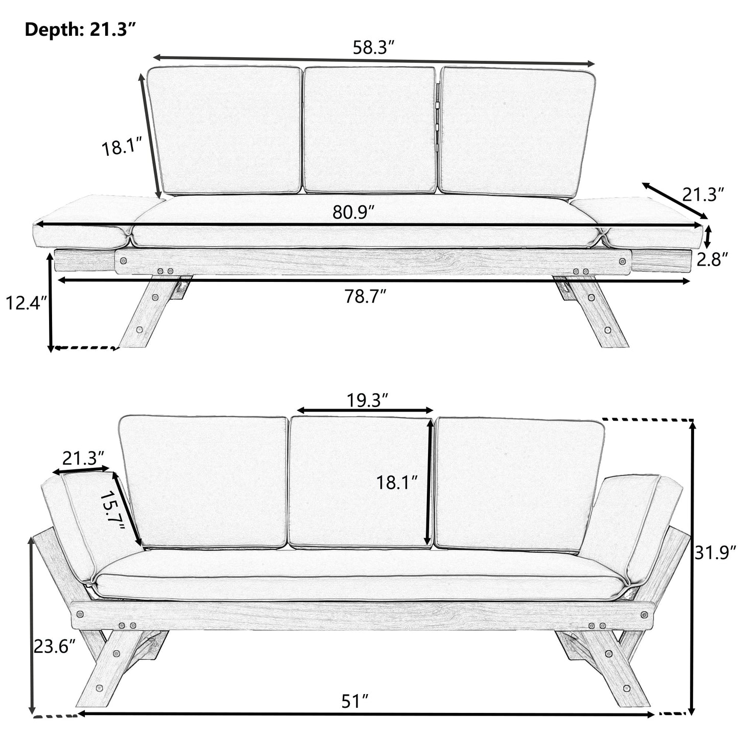 Outdoor Adjustable Patio Wooden Daybed Sofa Chaise Lounge