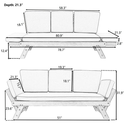 Outdoor Adjustable Patio Wooden Daybed Sofa Chaise Lounge