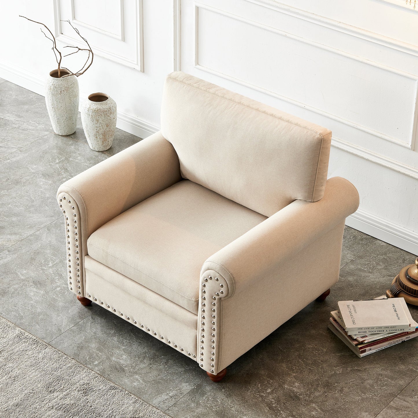 Living Room Sofa Single Seat Chair With Wood Leg Beige Fabric