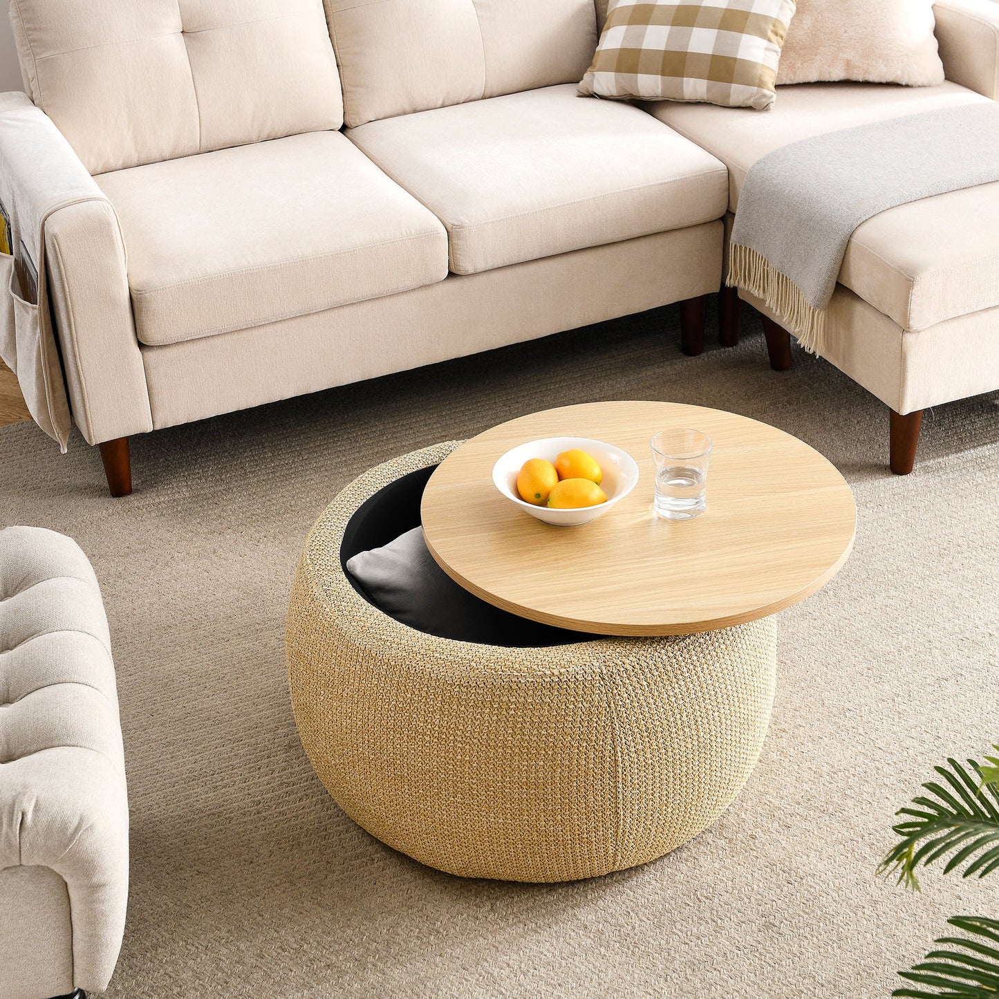 Round Storage Ottoman, 2 in 1 Function,