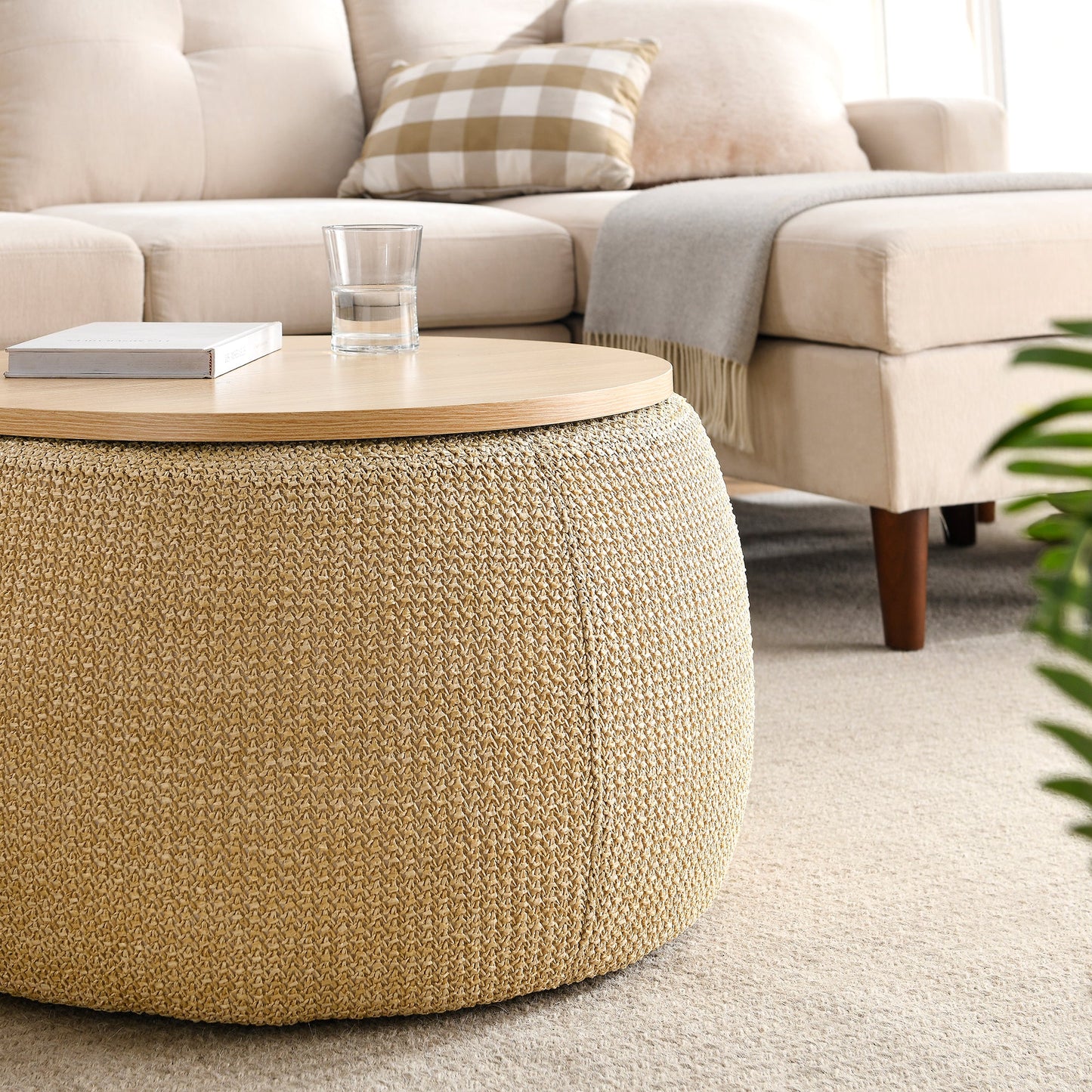 Round Storage Ottoman, 2 in 1 Function,