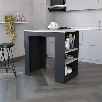 Kitchen Island with Three Side Shelves Doyle, Black / Ibiza Marble