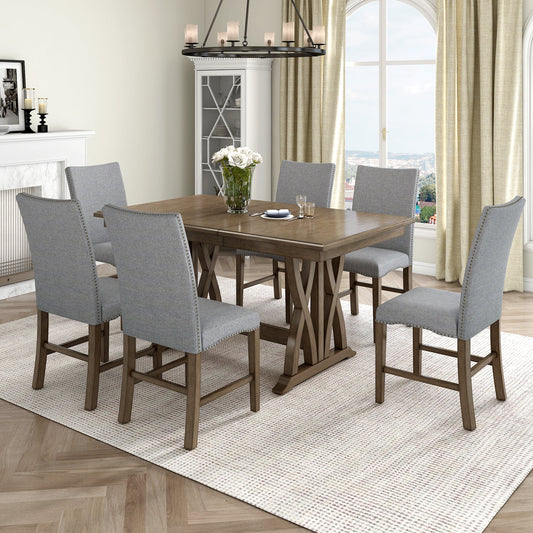 Mid-Century Solid Wood 7-Piece Dining Table Set